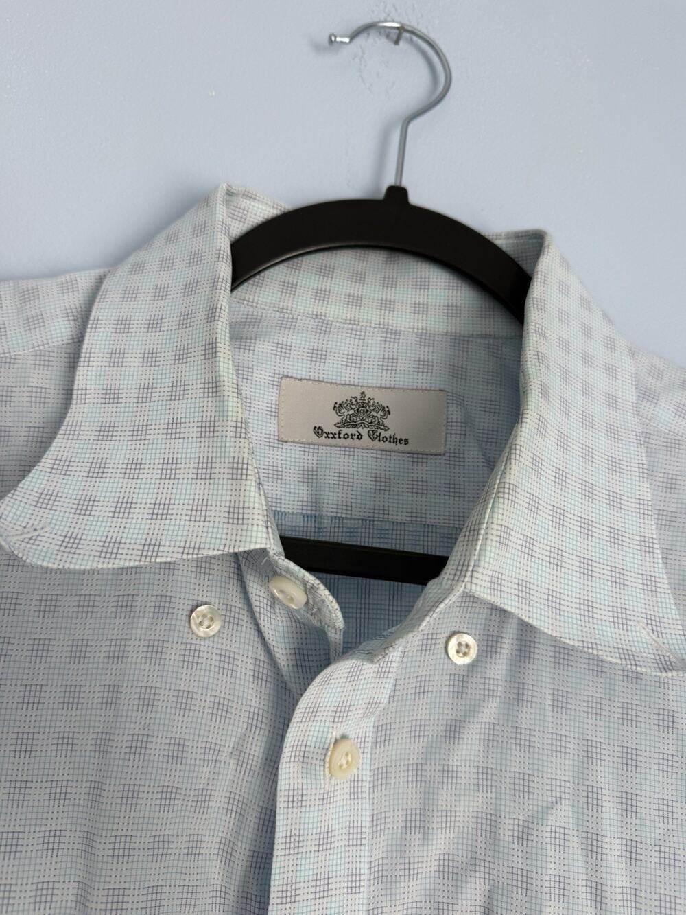 Oxxford Clothes Luxury Custom Dress Shirt Blue White Geometric Check Plaid